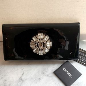 CHANEL Rare Black Patent Swarovski Crystal CC Encrusted Gem East West Clutch Bag